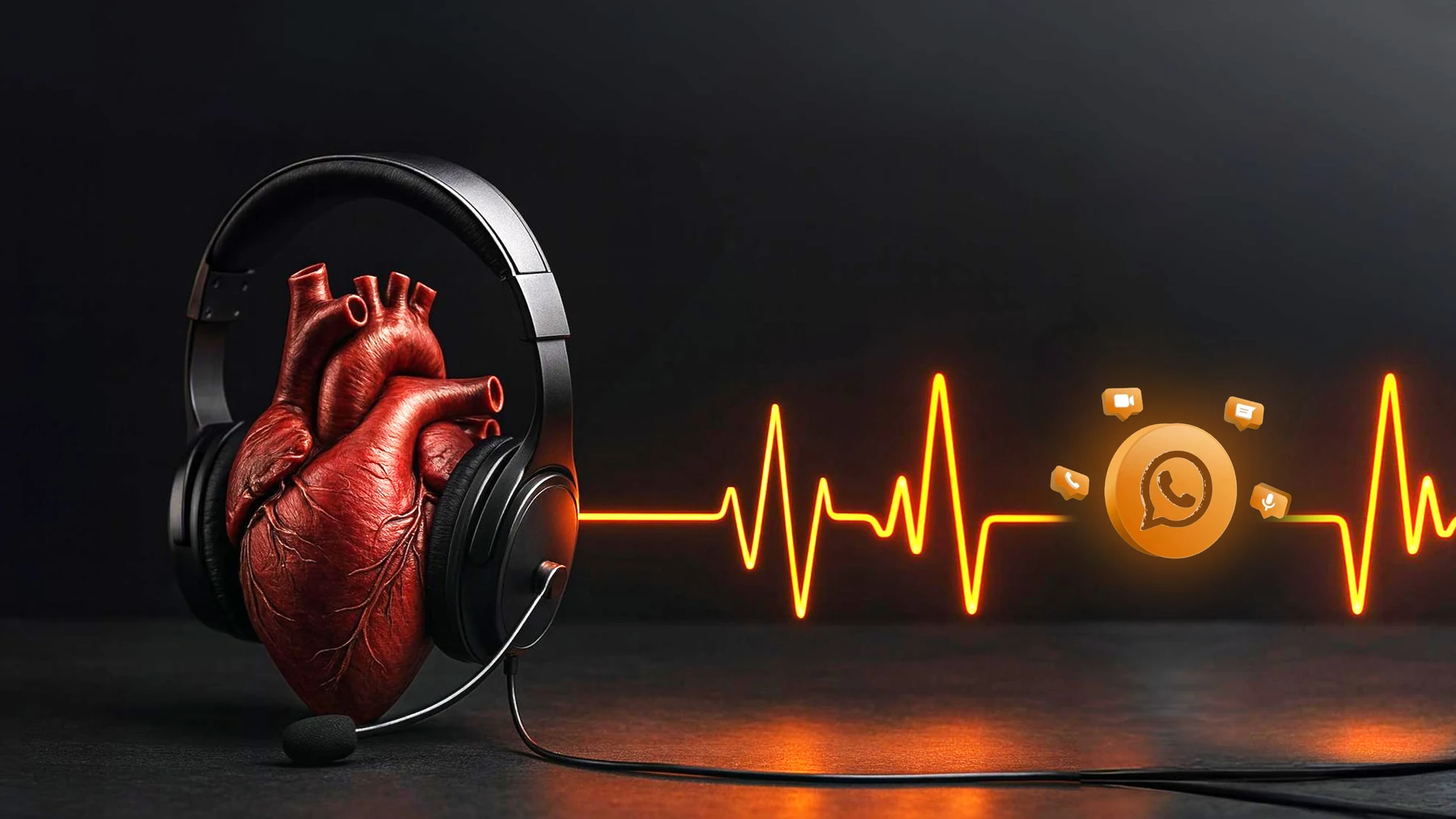 Original teaching artwork connecting a heart, a headset and an amber pulse line.